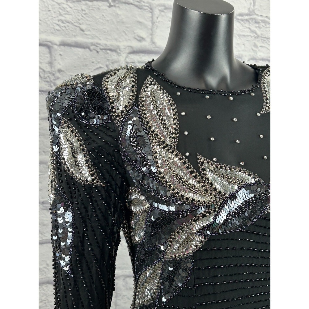A.J. BARI Silk Beaded Sequins‎ Long Sleeve Fashion Dress Black Women's 6 Flaws - Picture 3 of 10